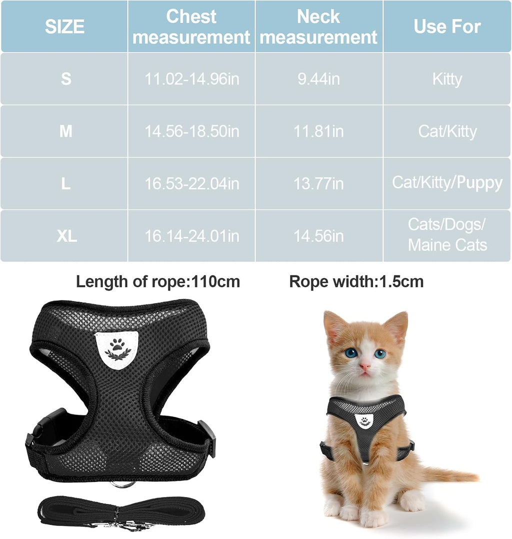 Black Cat Harness and Leash Set, Soft Mesh Adjustable Reflective, Size M