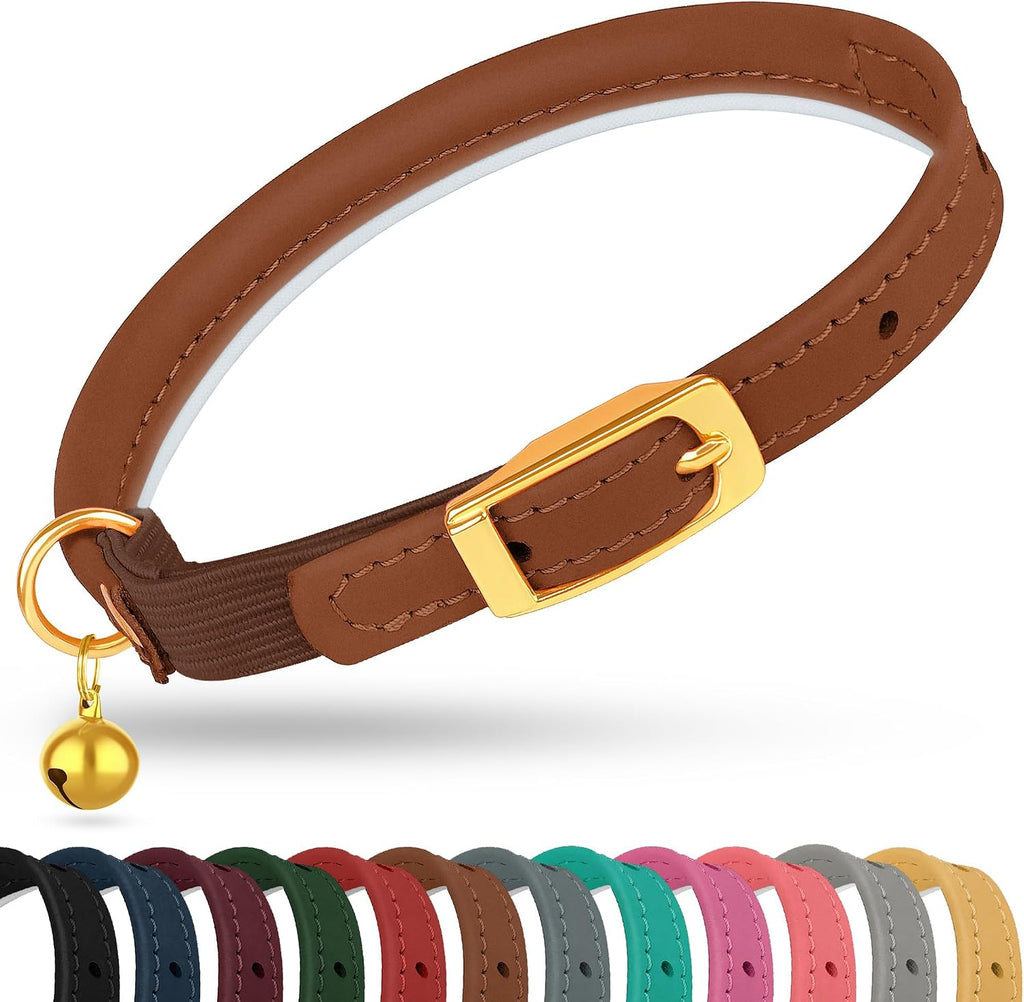 OOPSDOGGY Rolled Leather Cat Collar with Bell - Reflective Kitten Collar with Safety Elastic Strap - Adjustable Small Pe