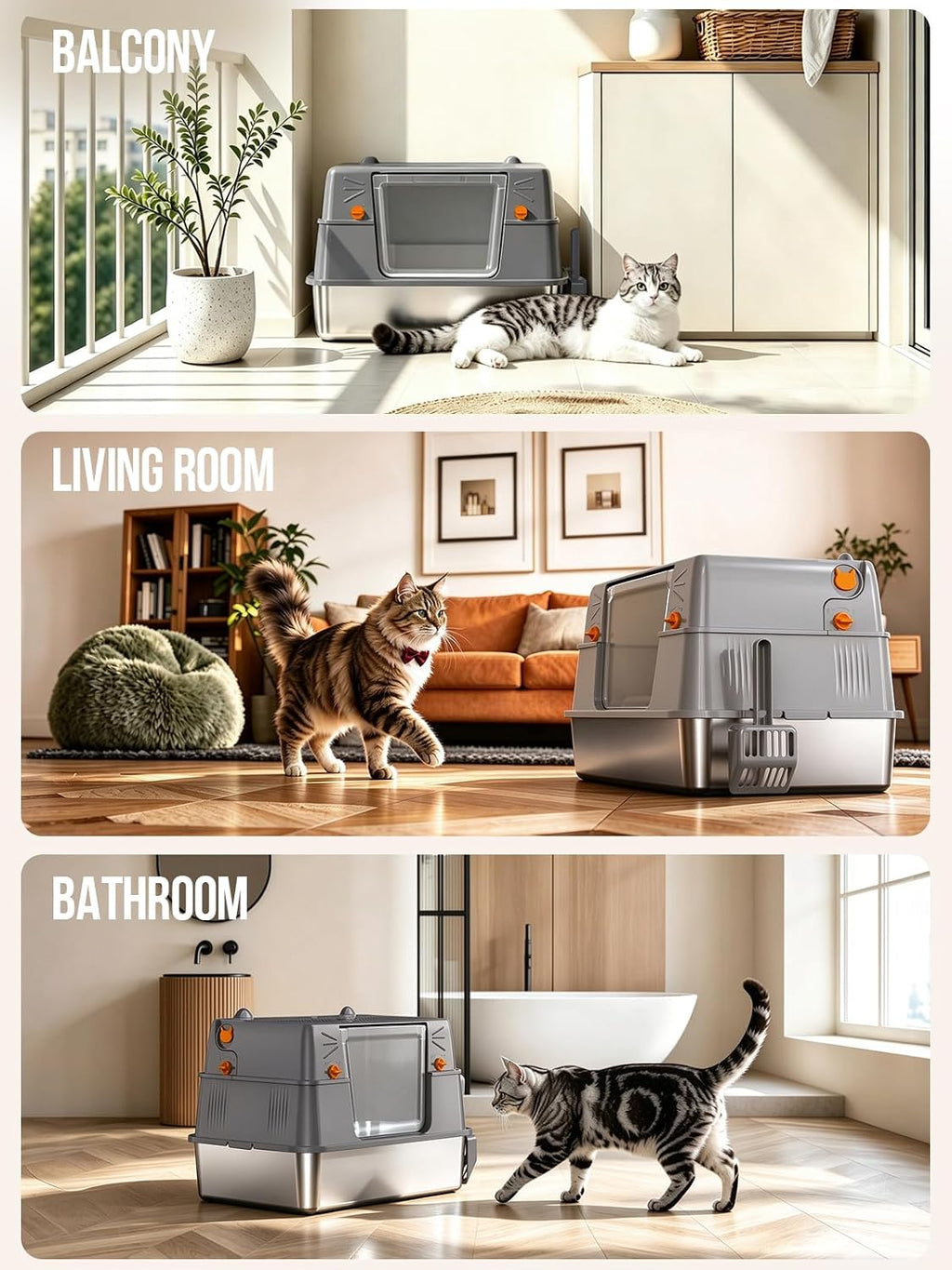 Stainless Steel Litter Box with Lid,135° Flip-Top Lid Litter Box
