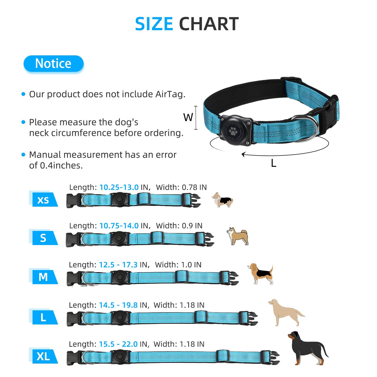 Upgrade Dog Collar with AirTag Holder, IP68 Waterproof, Blue, L