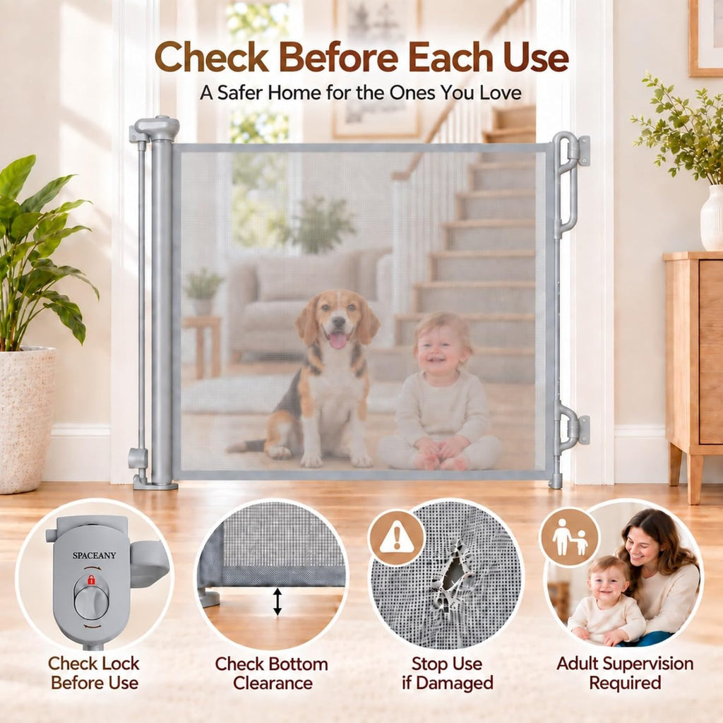 Retractable Baby Gate, 45" Wide Mesh Gate, Gray