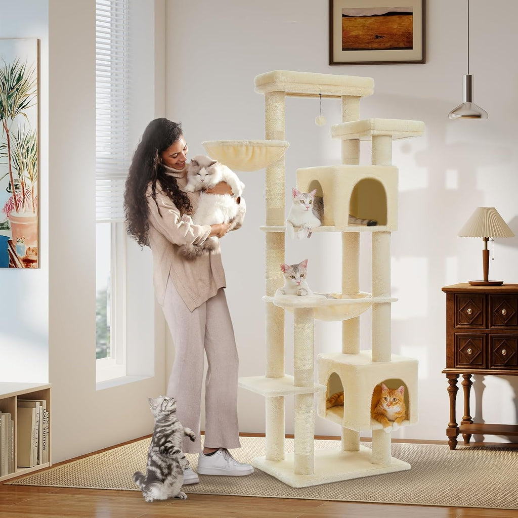 PETEPELA Leopard Print Cat Tree, 56in 4-Tier Cat Tower for Indoor Cats
