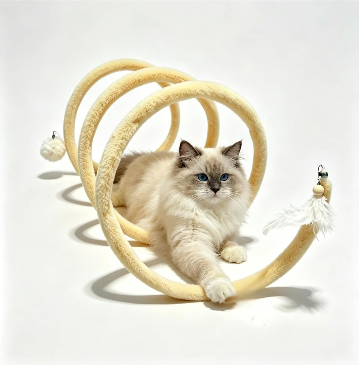 Shapeable Bendable Plush Spiral Cat Tunnel Toy with Bell & Feather 28*12in