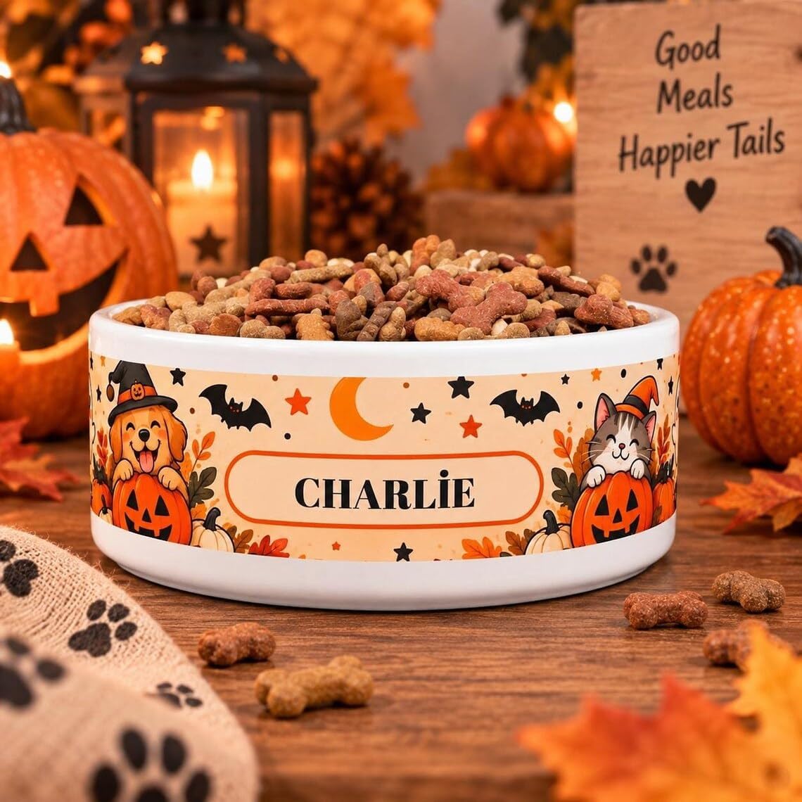Personalized Halloween Pet Bowl, Custom Dog Cat Ceramic Feeder Dish Gift