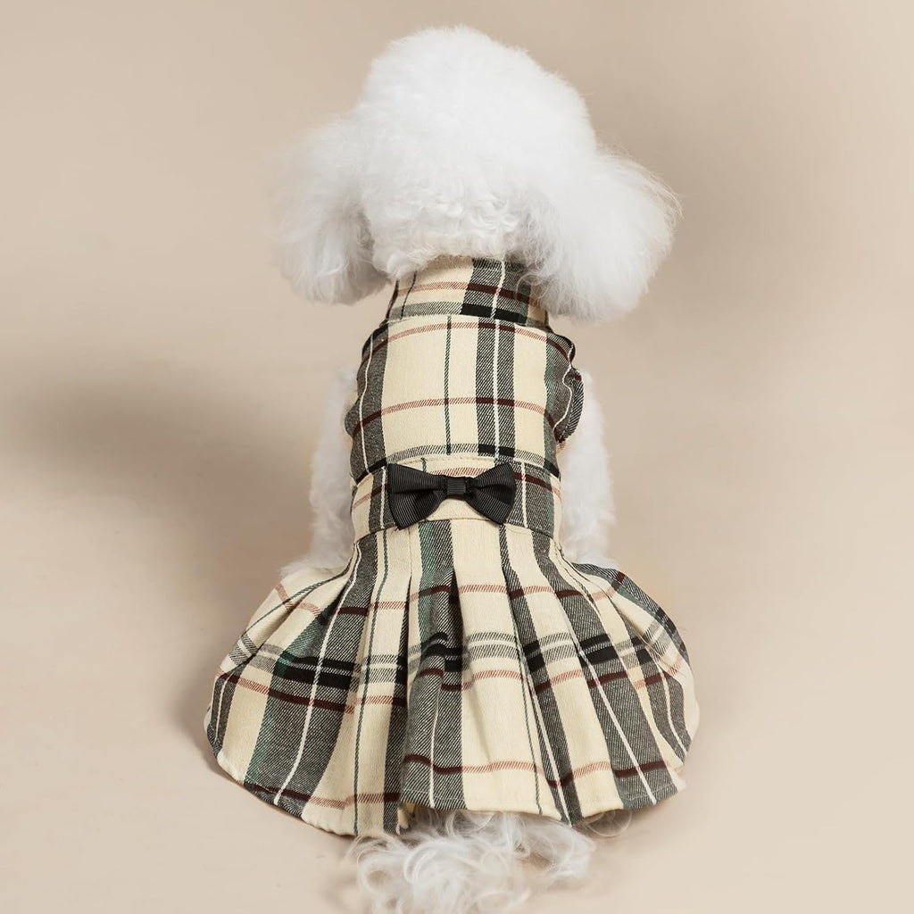 PUPTECK Classic Beige Plaid Dog Dress with Bow Puppy Skirt Clothes S
