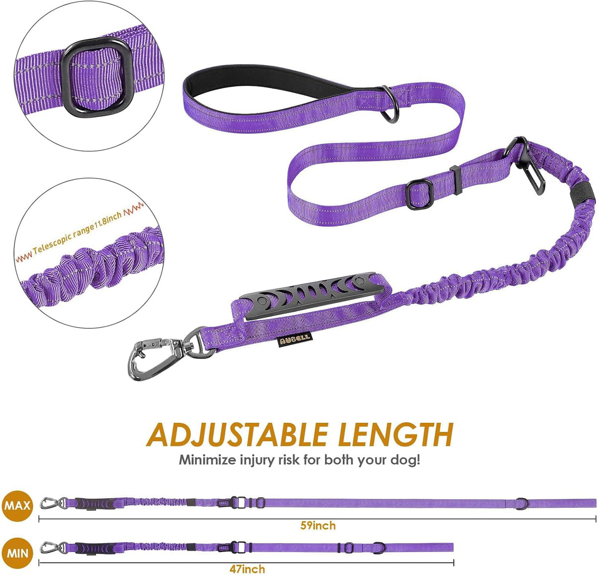 AUBELL Airtag Dog Collar and Bungee Leash Set for Medium Dogs(Purple,M)
