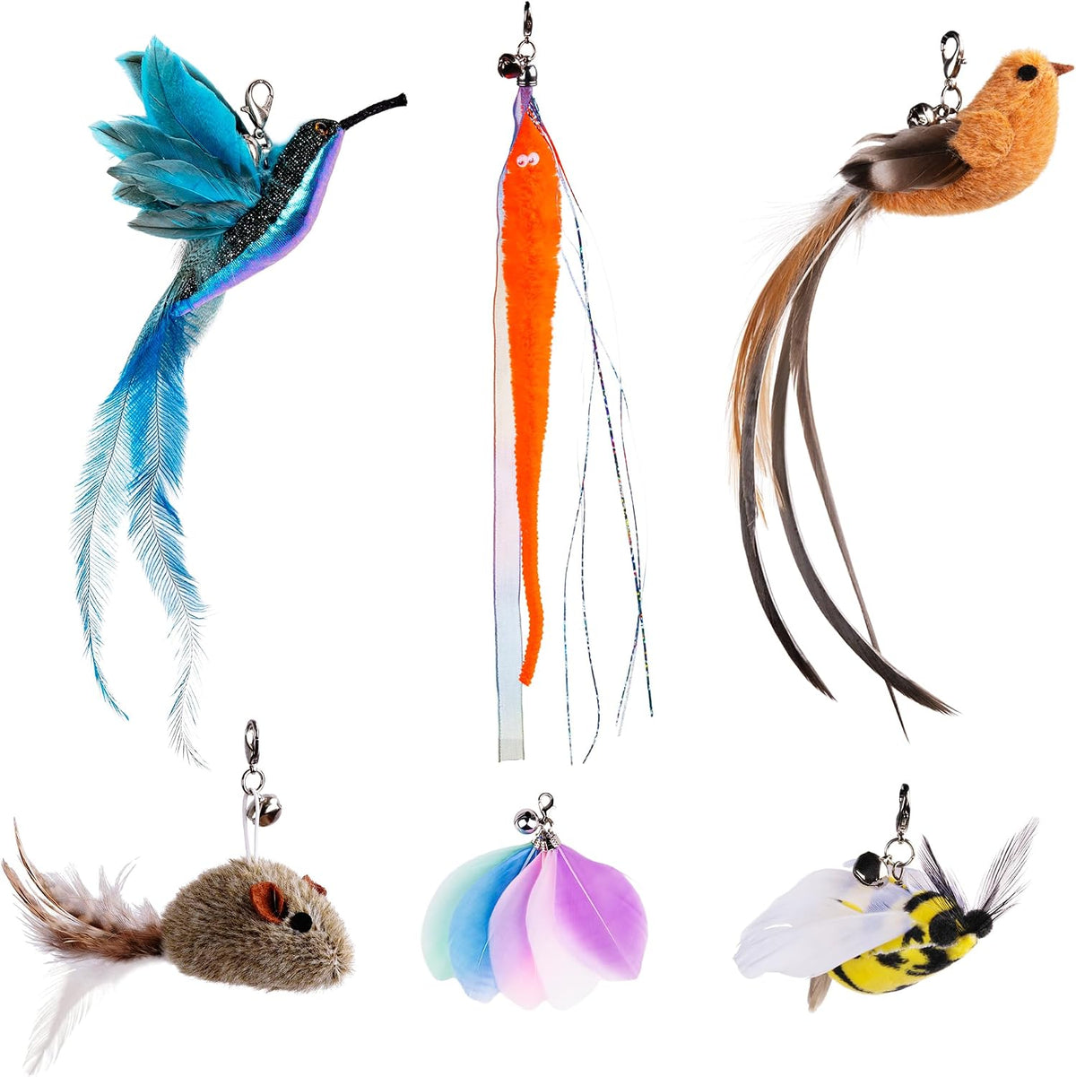 JXFUKAL Cat Feather Toy Refills, 6Pcs Simulation Bird Mouse Bee Worm Feather Cat Lures Wand Attachment Replacement for K