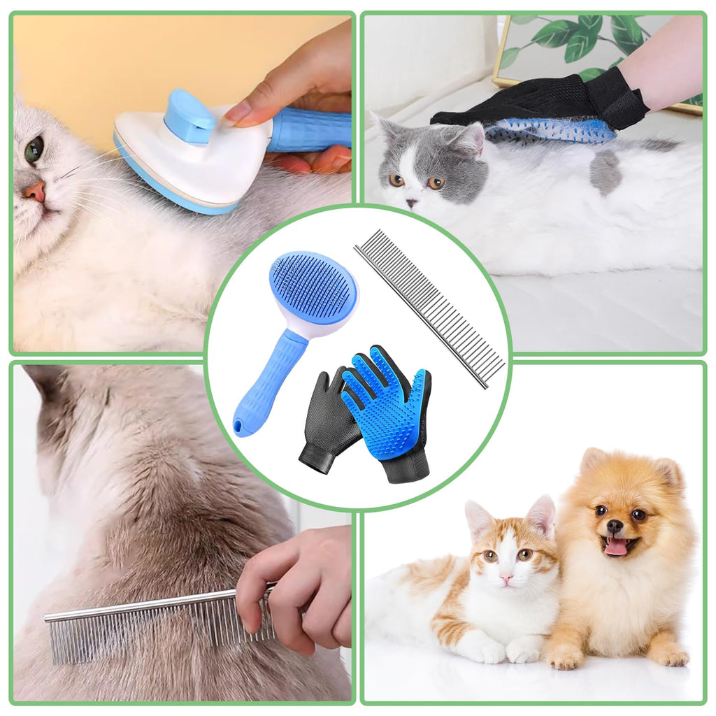 Dog & Cat Brush,Pet Grooming Kit 4PCS- Dog Brush for Shedding| A Pair Pet Hair Removal Gloves| Metal Comb for dog.Remove