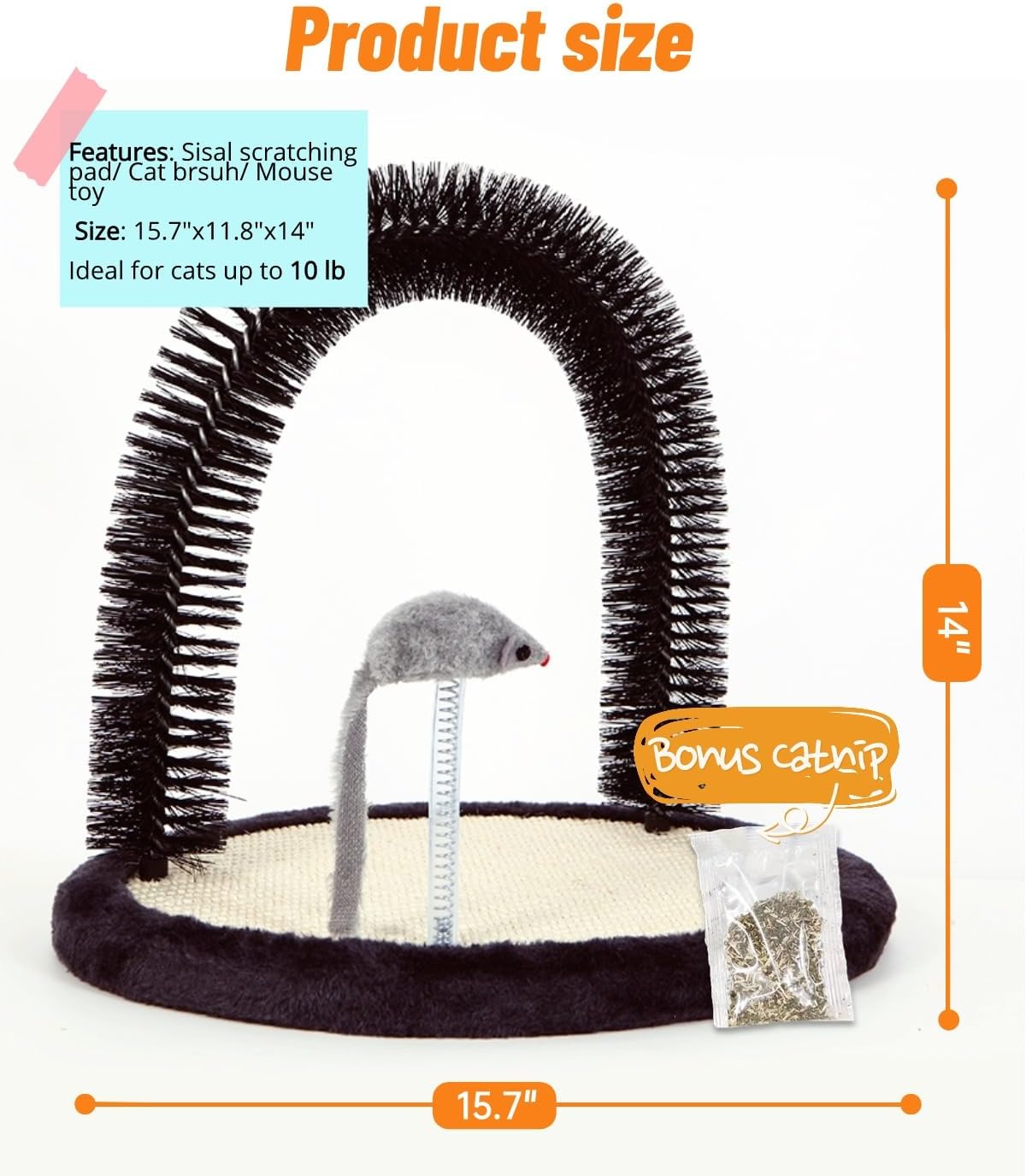 Large Cat Self Groomer, Heavy Woven Sisal Pad with Mouse Toy