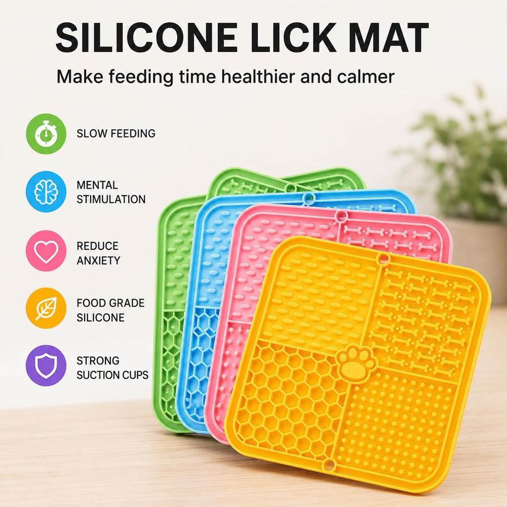 4 Pack Licking Mat for Dogs & Cats with Suction Cups, Silicone Slow Feeder Lick Pads for Peanut Butter, Bathing, Groomin