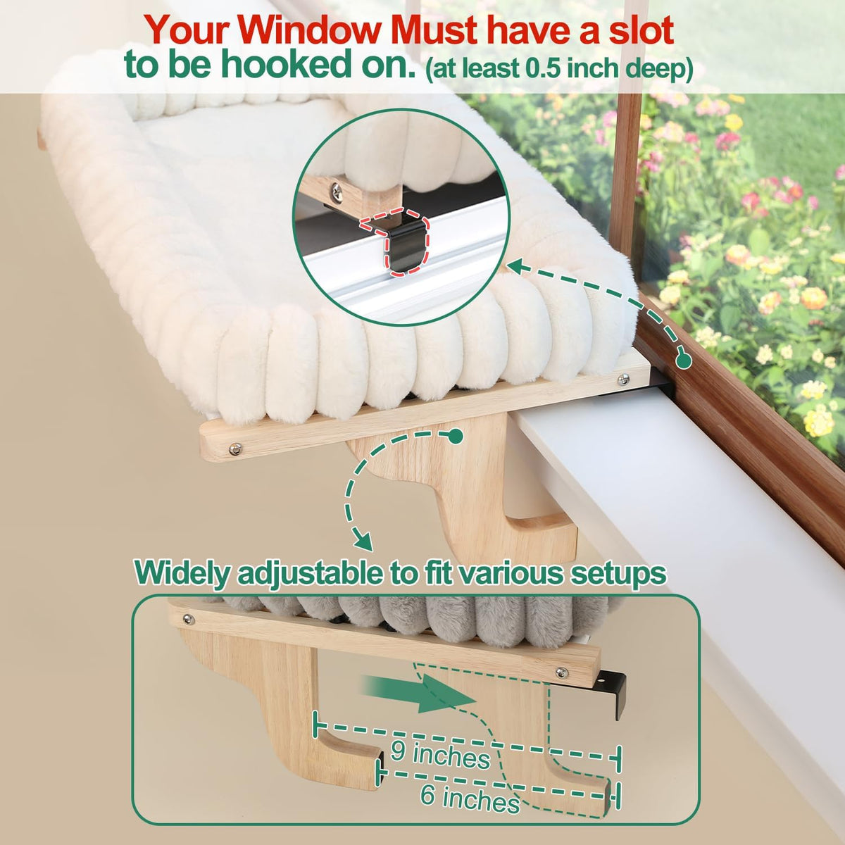 Zakkart SnugCloud Cat Perch for Windowsill (Natural Wood/Cream White, M)