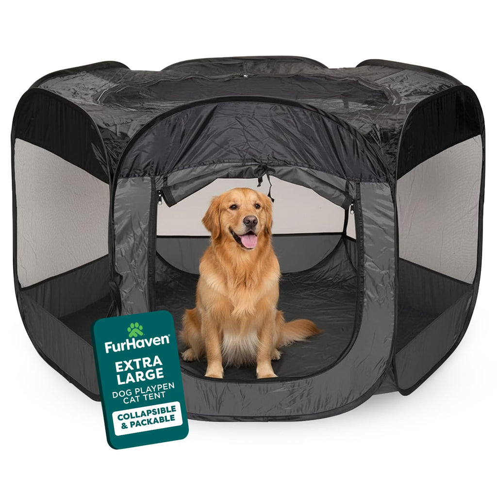 FurHaven Soft-Sided Dog & Cat Playpen, Portable Foldable Indoor & Outdoor Pet Playpen with Mesh Windows & Zippered Door, Gray, Extra Large