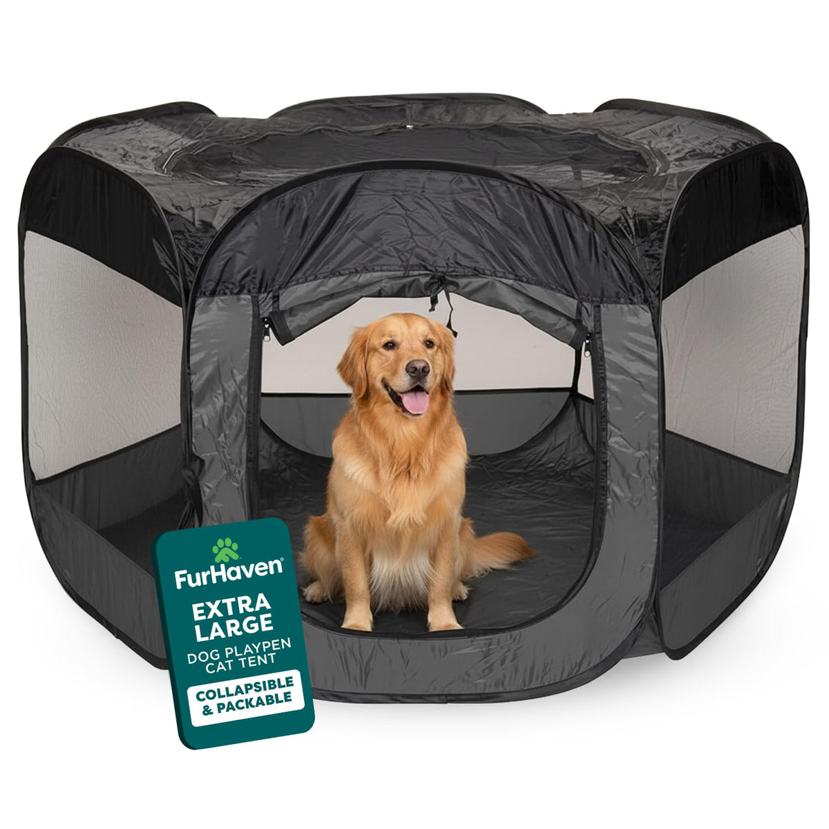 FurHaven Soft-Sided Dog & Cat Playpen, Portable Foldable Indoor & Outdoor Pet Playpen with Mesh Windows & Zippered Door, Gray, Extra Large