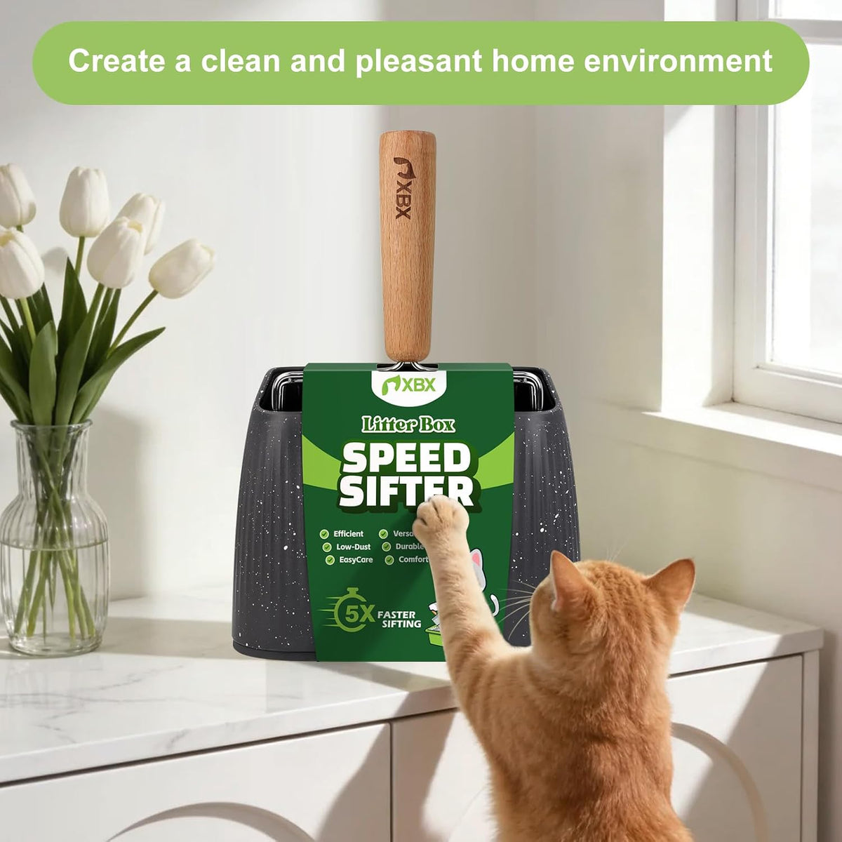 XBX Cat Litter Scoop with Holder, Heavy Duty Litter Sifter, Stainless Steel Litter Shovel, Litter Scooper with Beech Woo