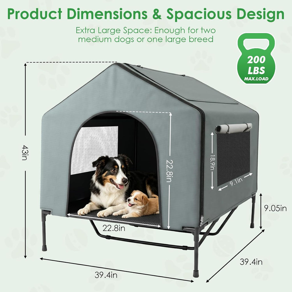 XPIY 3-in-1 Extra Large Dog House Outdoor, 43" Elevated Dog Bed with Canopy