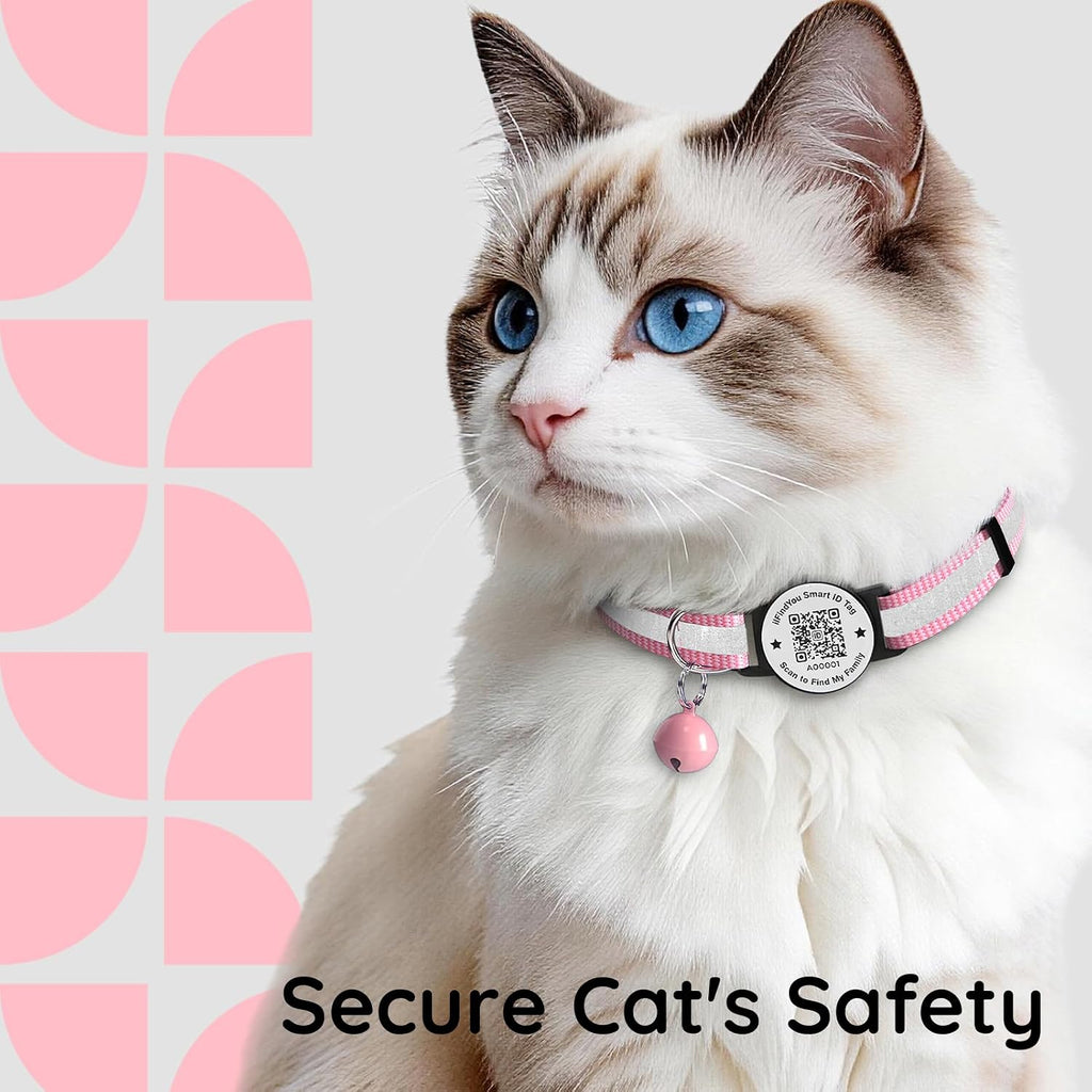 Cat Collar Breakaway QR Code, Reflective cat Collar with Bells, Pink