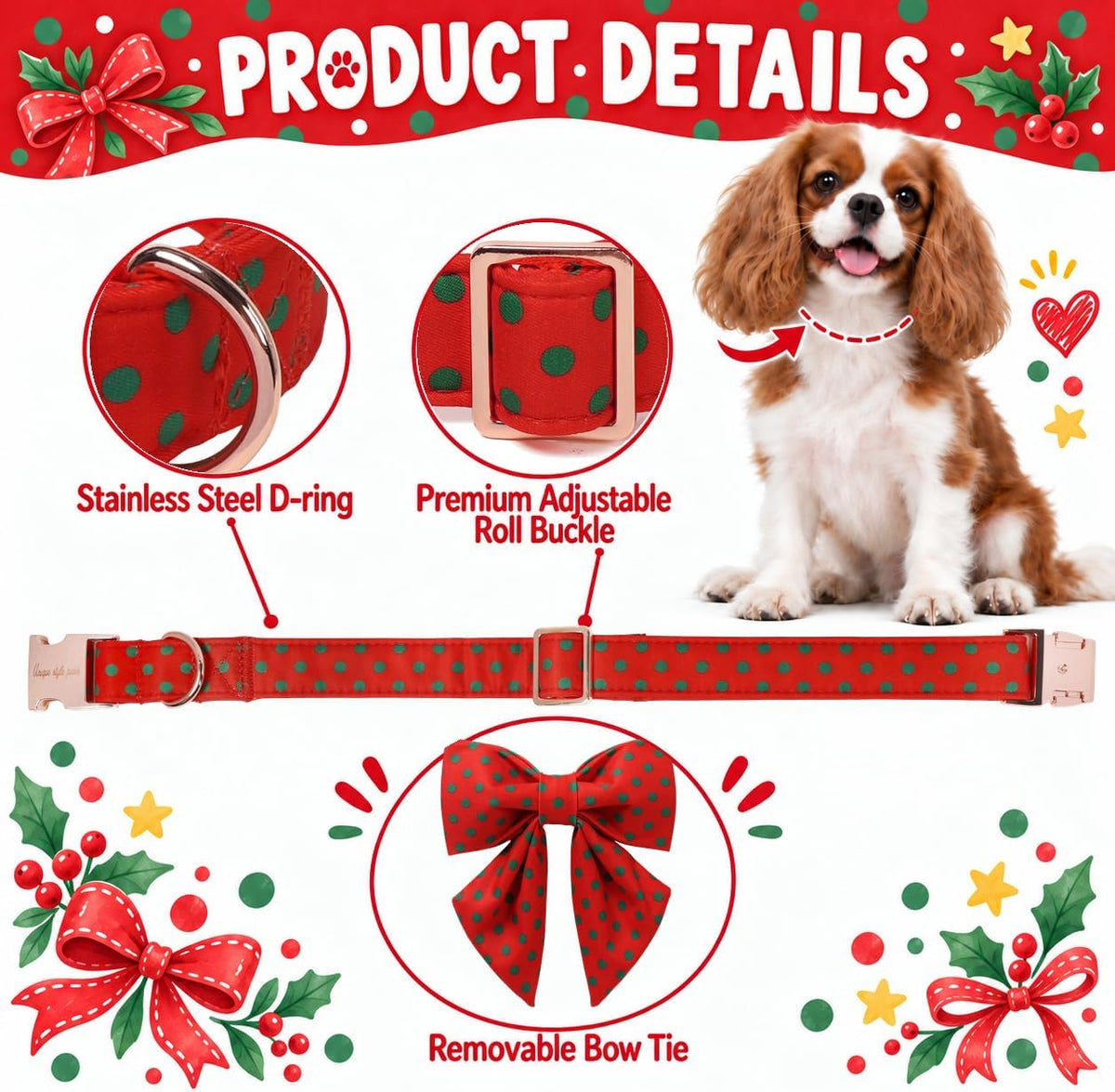 Christmas Dog Collar Bow Medium Girl Boy Dog-Red Polka M