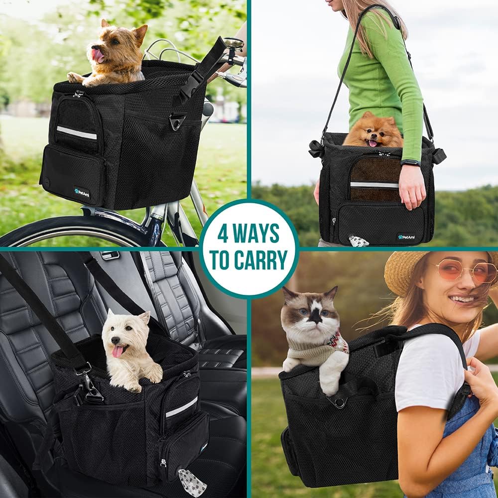 PetAmi Dog Bike Basket, Soft-sided Ventilated Pet Carrier Backpack, Black