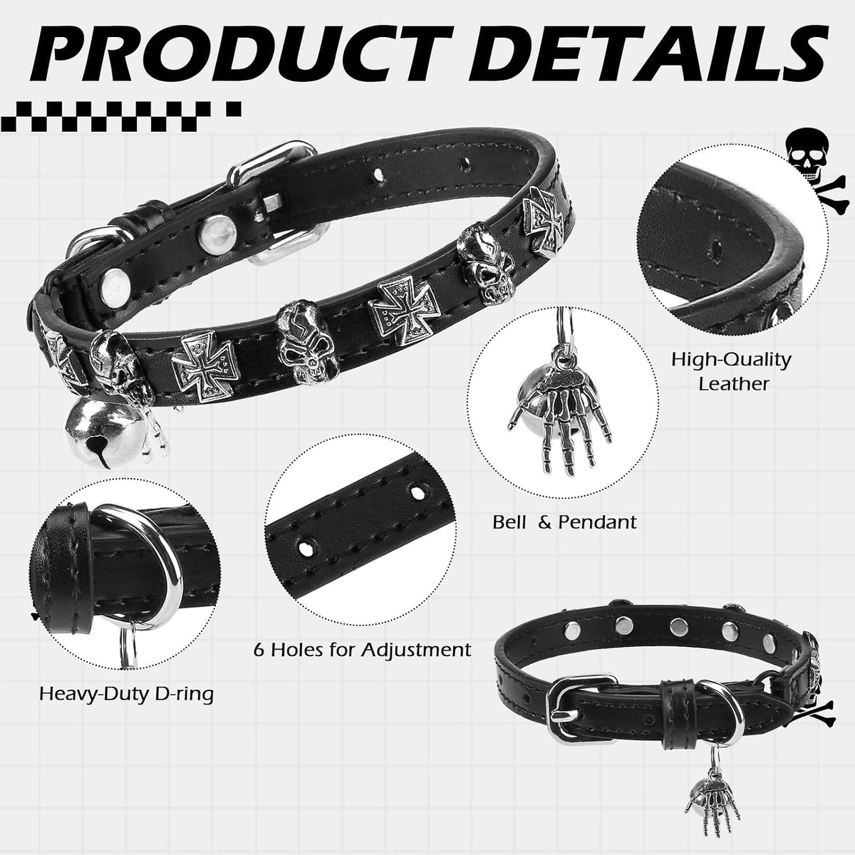 Leather Cat Collar for Girl Boy Cats,Black(Skull)