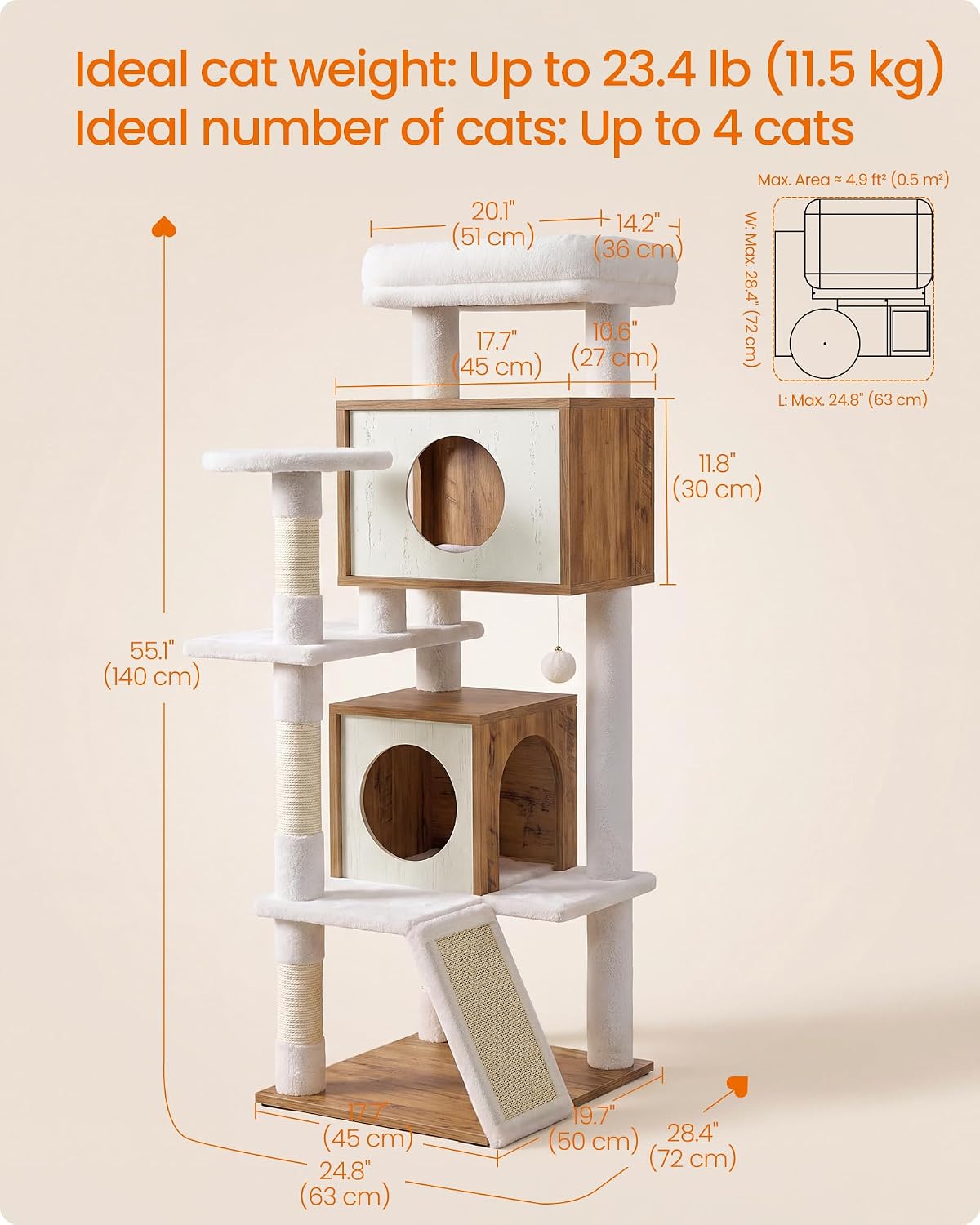 Feandrea Cat Tree, 5-Tier Cat Tower with 2 Condos, 55.1 in