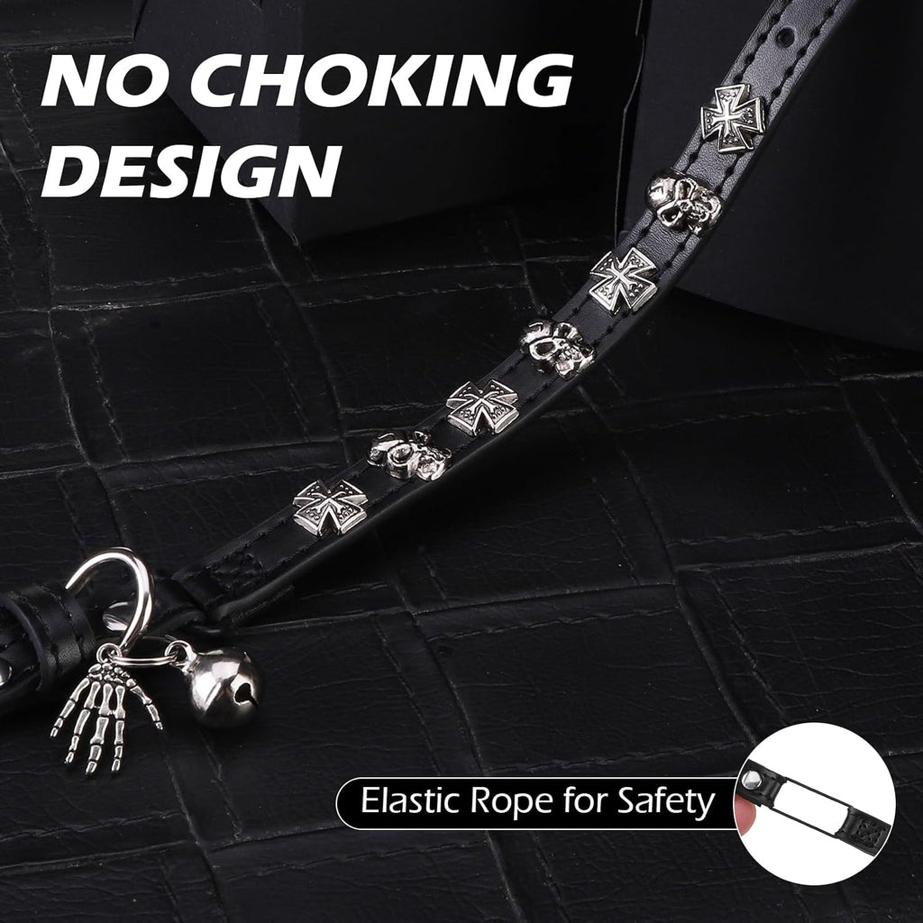 Leather Cat Collar for Girl Boy Cats,Black(Skull)