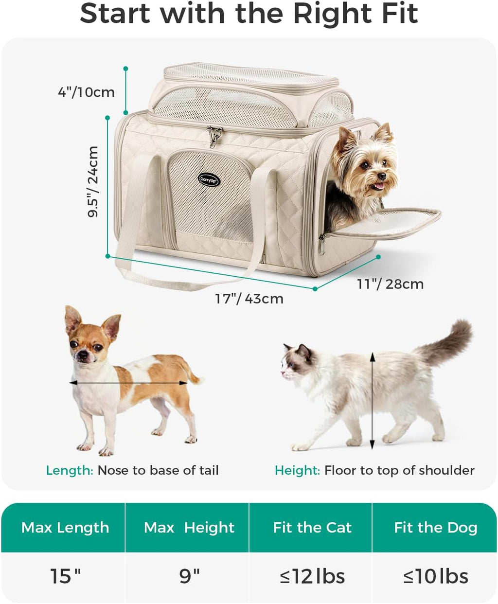 Airline Approved Cat Carrier with Expandable Top, 17x11x9.5in, Ivory White‌