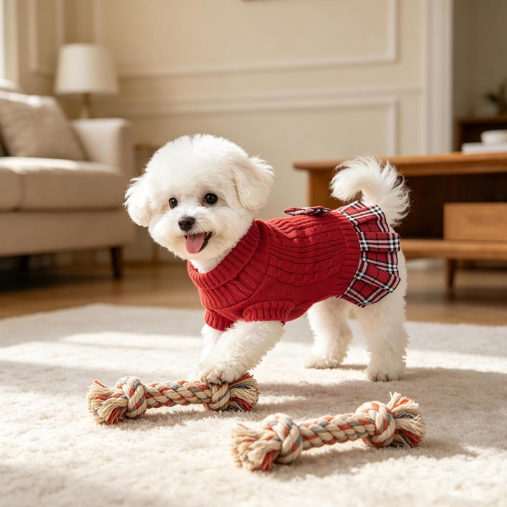 Small Dog Sweater Dress with Bowtie Turtleneck - Knitted Pet Clothes