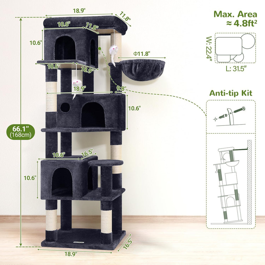Globlazer F66 Corner Cat Tree, 66in Multi-Level Climbing Tower, Dark Grey