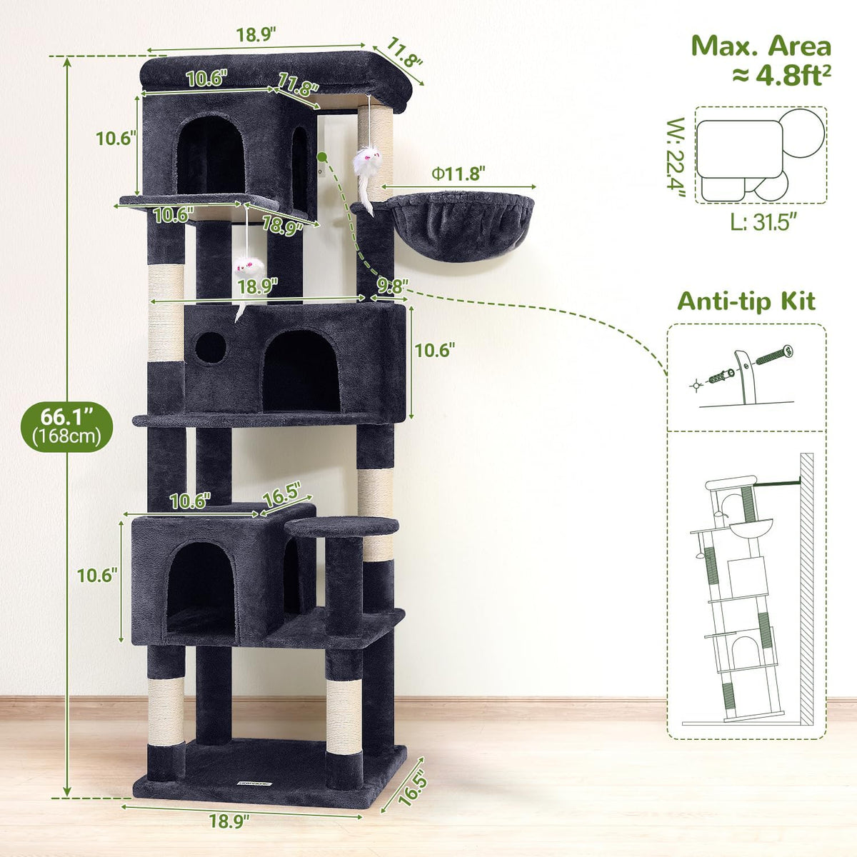 Globlazer F66 Corner Cat Tree, 66in Multi-Level Climbing Tower, Dark Grey