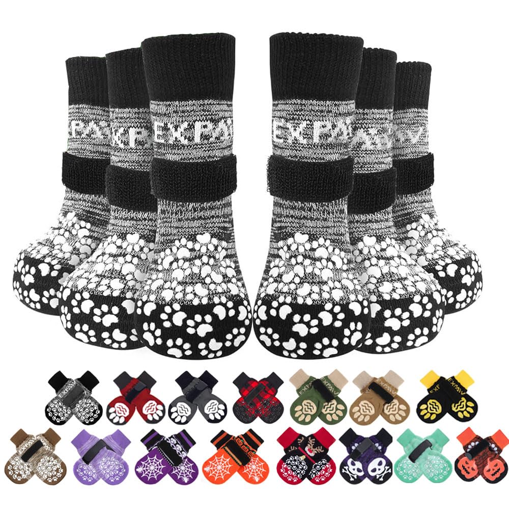 EXPAWLORER 6Pcs Anti-Slip Dog Socks to Prevent Licking Paws,Dog Shoes for Hot Pavement,Dog Booties Traction Control on Hardwood Floor,Boots & Paw Protectors, for Puppy Small Medium Large Senior Dogs