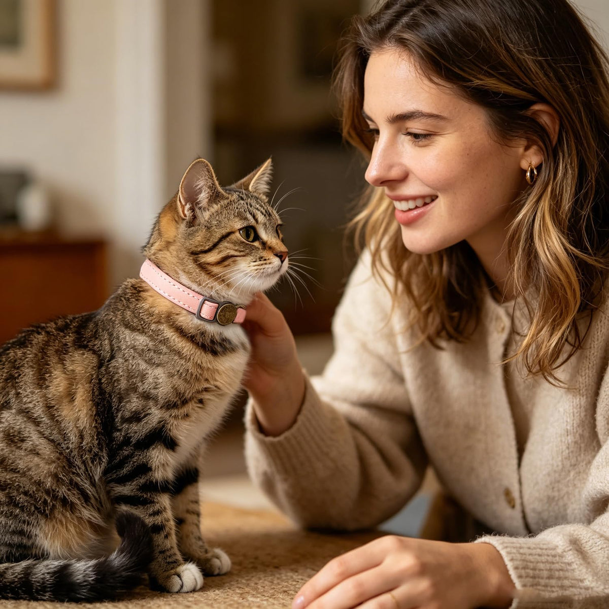 THAIN Leather Cat Collar with Bell Breakaway- Adjustable, Durable, Retro Bell fit Most Cats and Kittens (Brown)