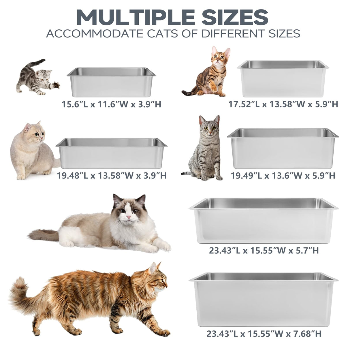 Kirecoo Large High Sided Stainless Steel Cat Litter Box, Non-Stick