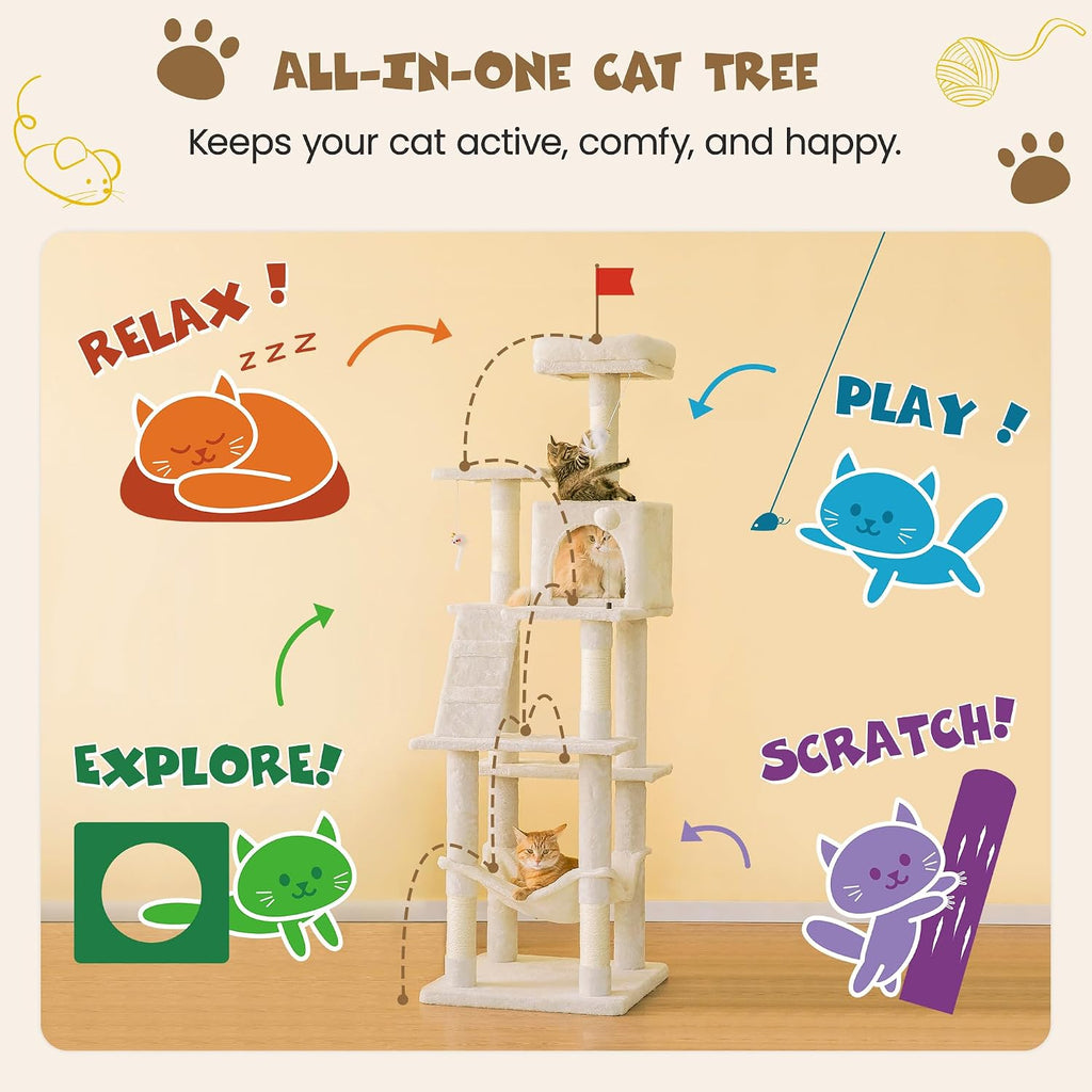 63.8 inches Multi-Level Cat Tree for Large Cats with Sisal-Covered Scratching Posts, Padded Platform, Hammock and Condo,