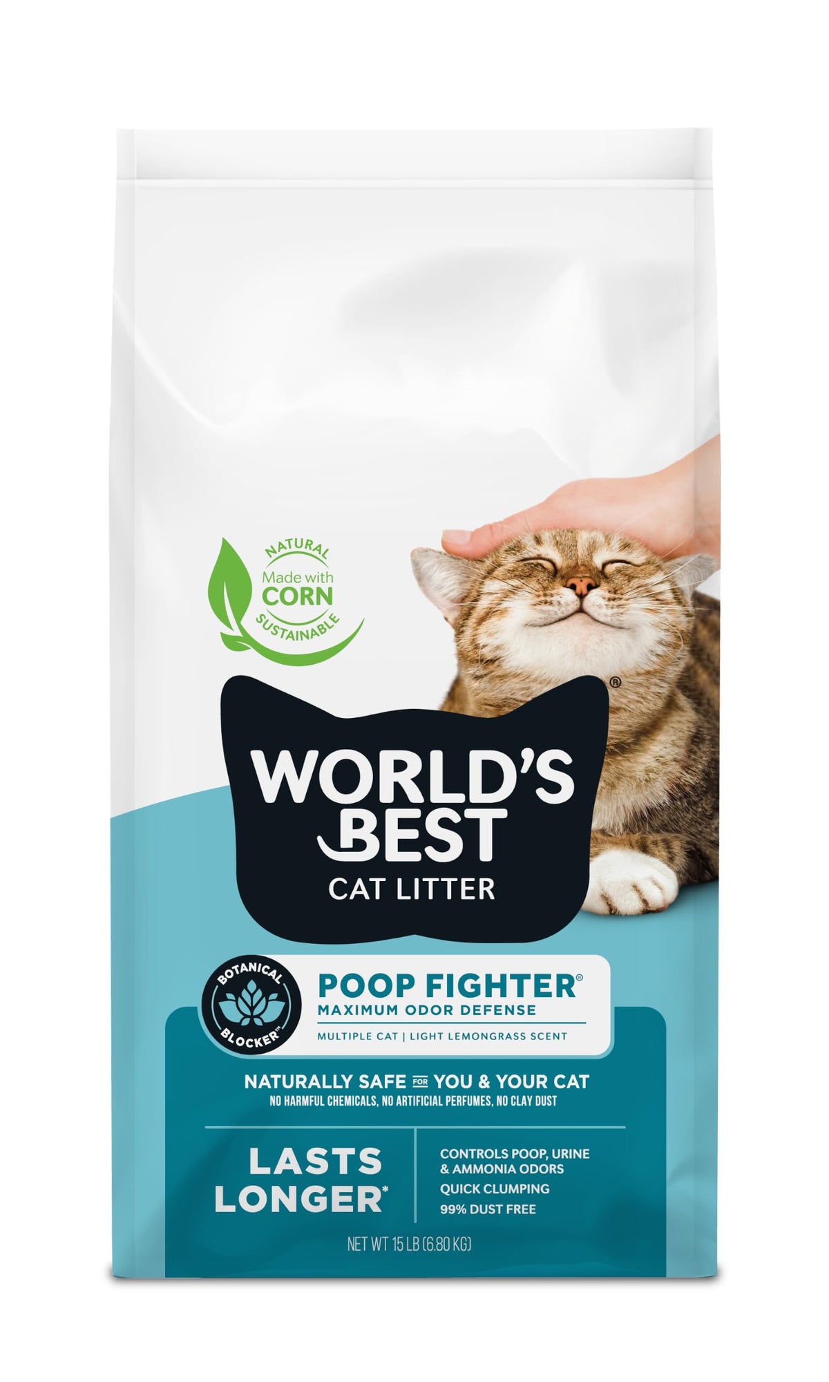 World's Best Cat Litter Poop Fighter, Urine & Poop Odor Defense, 15 lb Bag