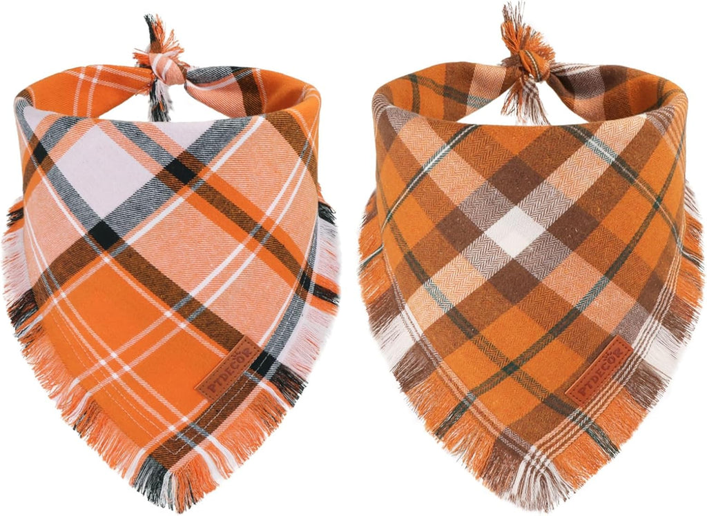 PTDECOR Fall Plaid Dog Bandana with Tassels,Thanksgiving Pet Scarf, Large