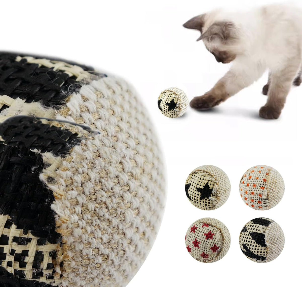 TTcat Canvas Burlap Cat Toy Balls, 4 Pack Natural Woven Linen Cat Play Balls, Durable Textured Kitten Chew Chase Toys, L