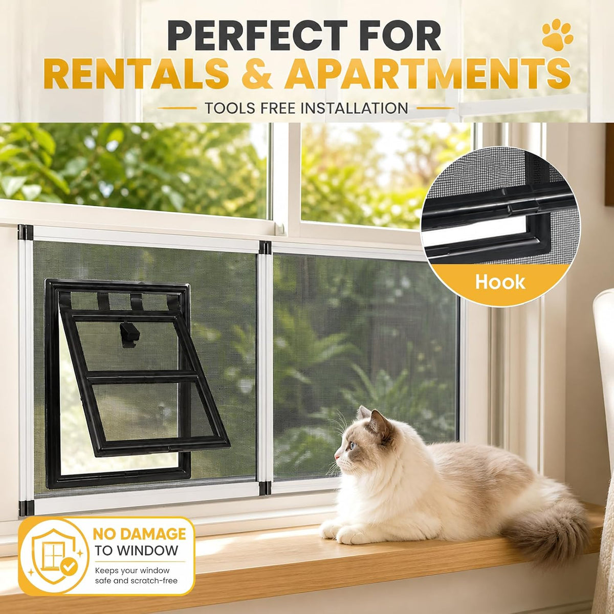 Bug-Proof Screen Cat Door for Window,Fits 30'' - 37'' Adjust Width Window