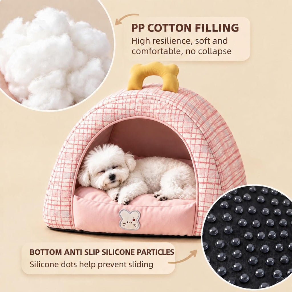 Small Dog House Indoor with Carry Handle & Washable Pad,Pet Cave Bed，Pink：L