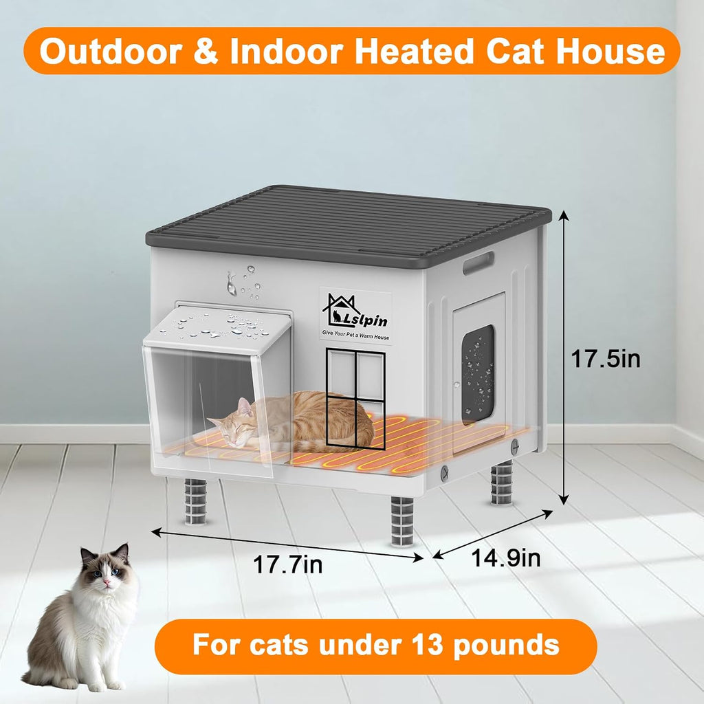 Indestructible Heated Cat House for Outside Cats Winter,Weatherproof & Insulated & Elevated Feral Cat House with Escape 