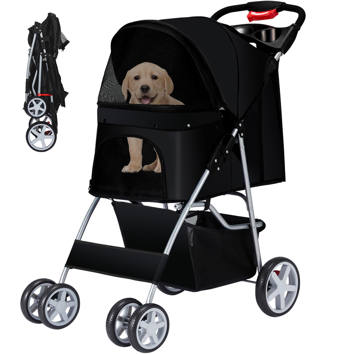 Azaeahom Foldable Pet Stroller 4 Wheels for Small Medium Dogs Cats,Black