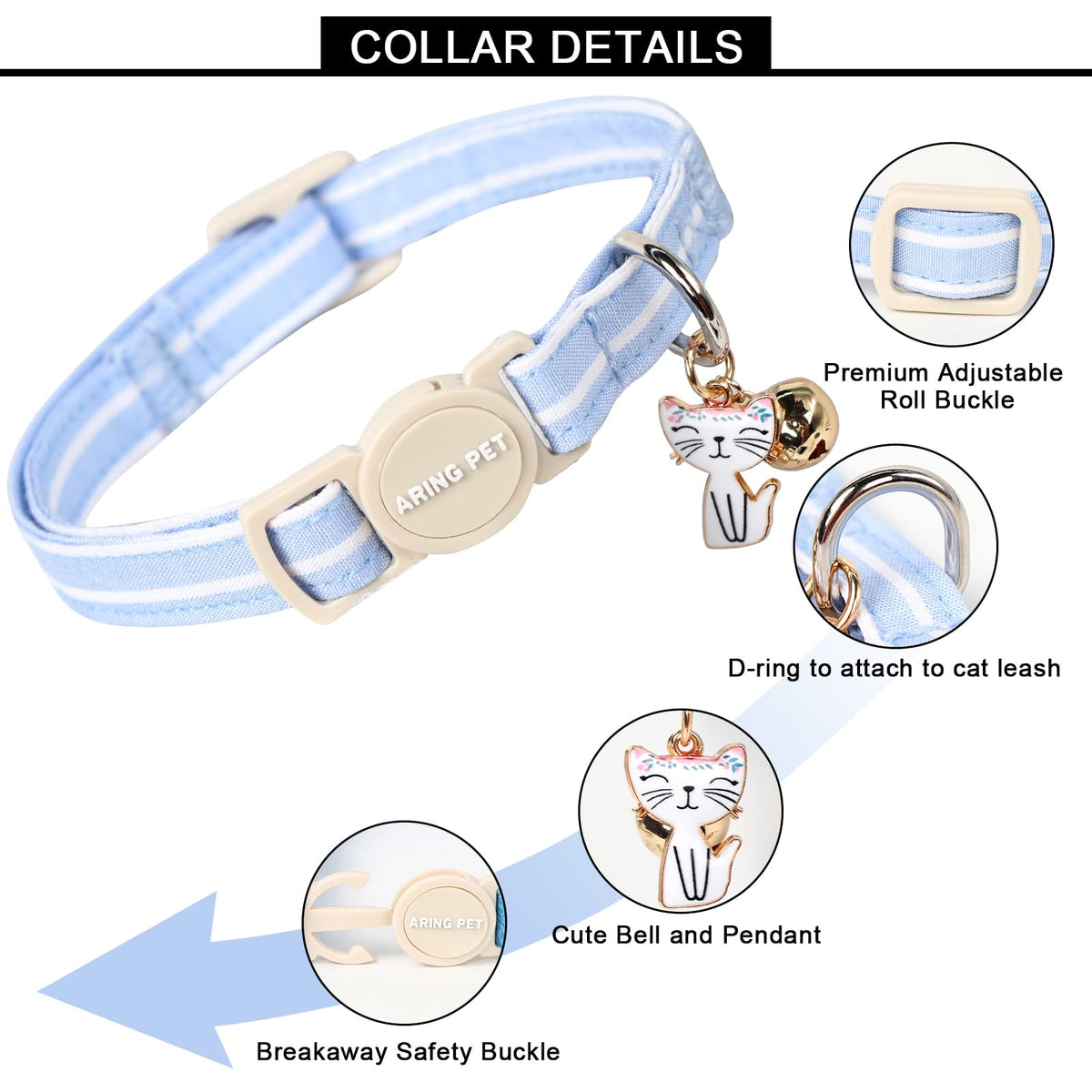 ARING PET 2 Pack Cat Collar-Cute Cotton Cat Collar Breakaway with Bell & Pendant, Adjustable Blue Green Striped Kitten Collars with Safety Buckle for Girl and Boy Pets