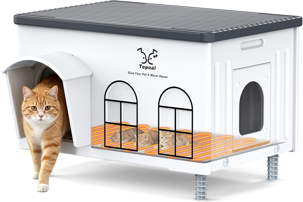 Heated Cat House for Outside, High Insulated Heated Outdoor Cat Shelter 100% Weatherproof with Escape Door, Elevated Out