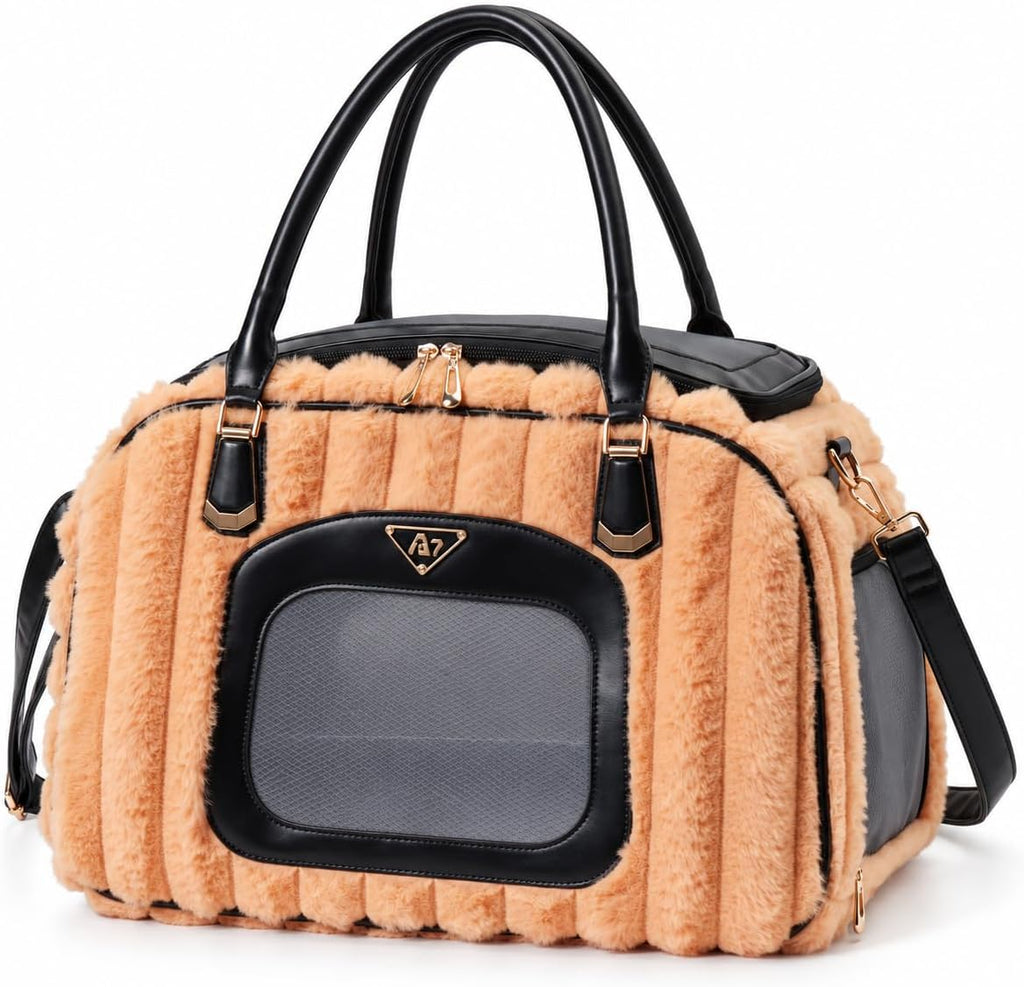 Soft-Sided Pet Carrier for Small Dogs and Cats, Plush Striped Travel Tote with Mesh Windows, Interior Tether, Removable 