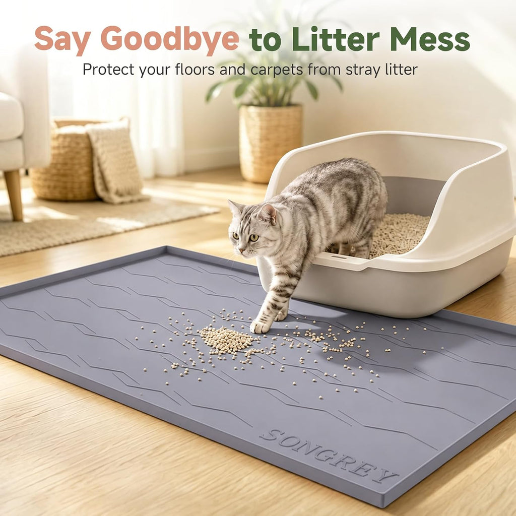 Songrey Silicone Cat Litter Mat 34" x 22", Large Litter Trapping Mat, Gray