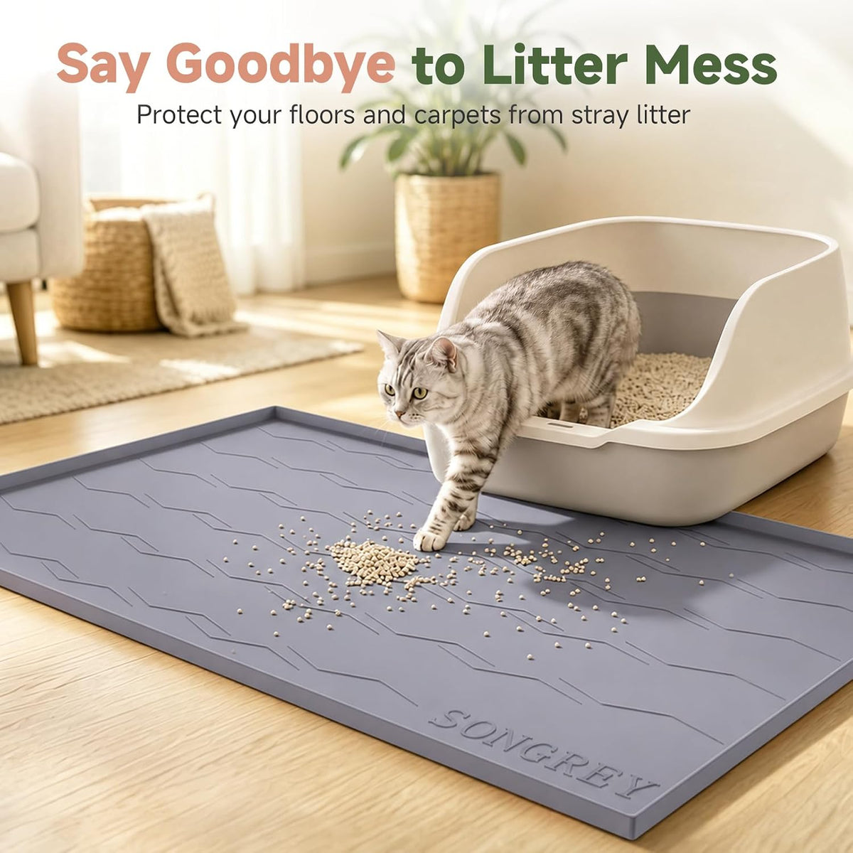 Songrey Silicone Cat Litter Mat 34" x 22", Large Litter Trapping Mat, Gray