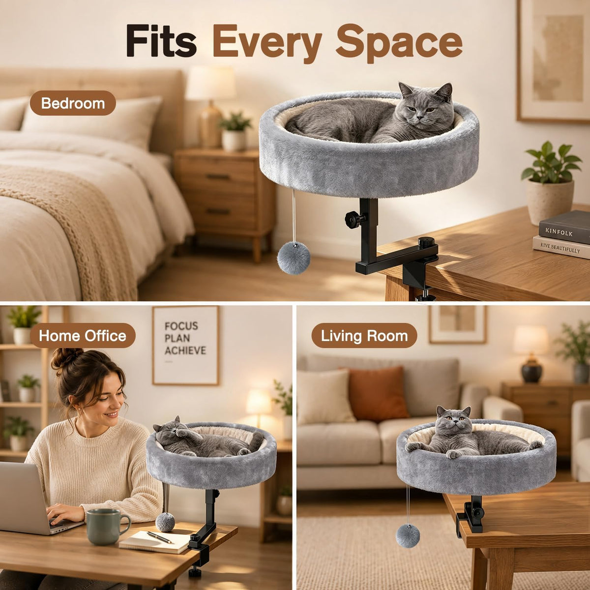 Cat Desk Bed, 360° Rotating & Height Adjustable Cat Bed, 50 lbs