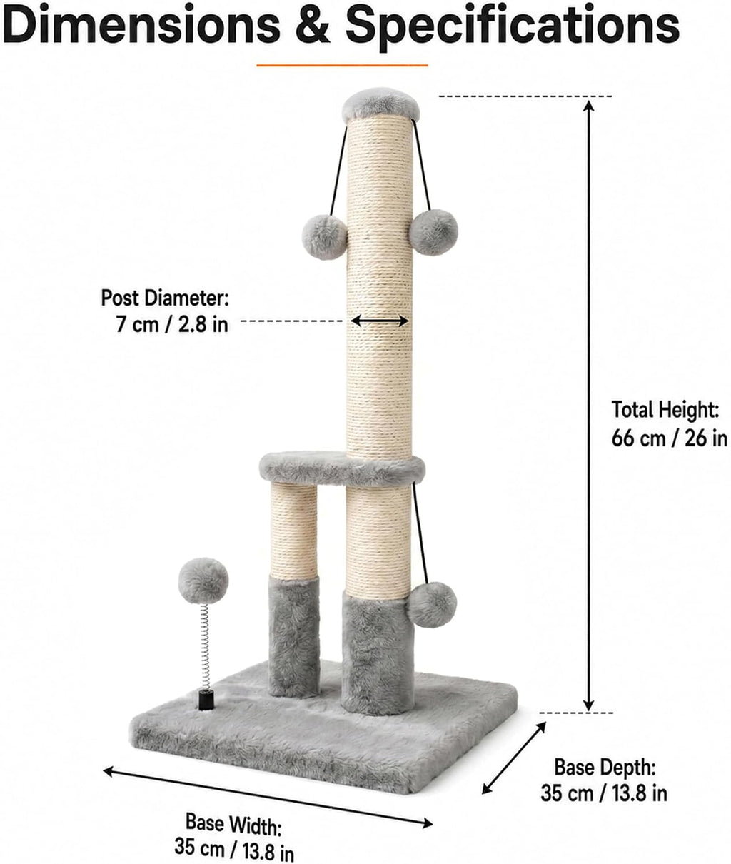 Dimaka Tall Cat Scratching Post, Double Lower Posts Extra Stable Cat Post Tree Scratcher with Sisal Rope and Teasing 4 B