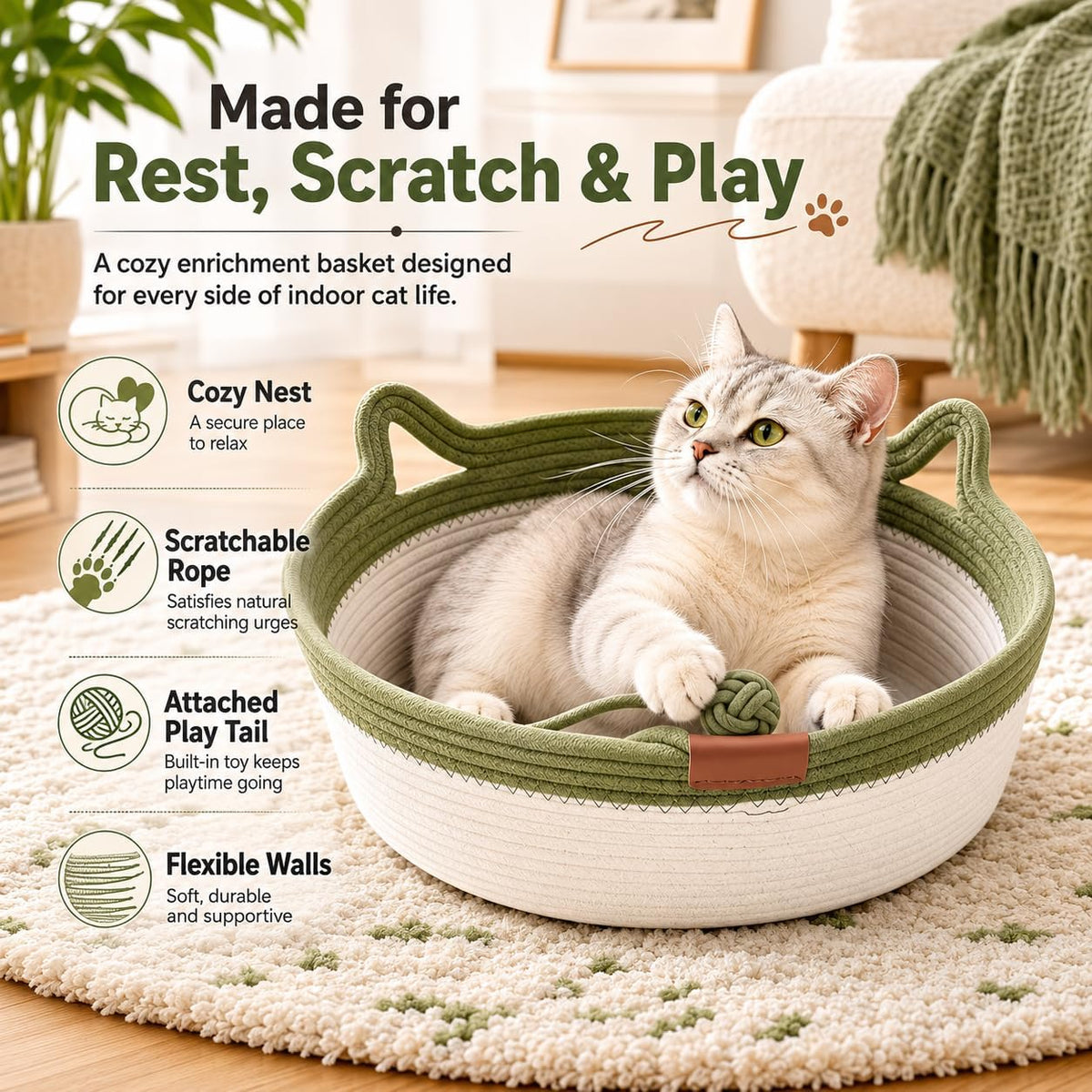 Instinct Basket for Cats - Stimuli Handwoven Cotton Rope Enrichment Bed