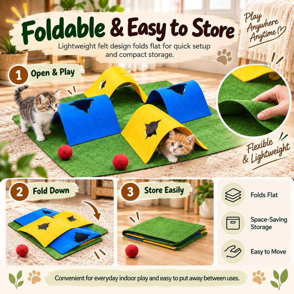 35.4" 4-Way Cat Tunnel for Indoor Cats, Colorful Felt Mat with Hidden Ball