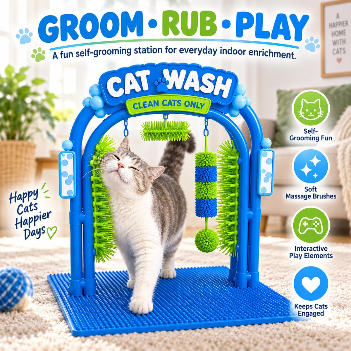 Cat Wash Grooming Station Self Groomer with Massage Brushes